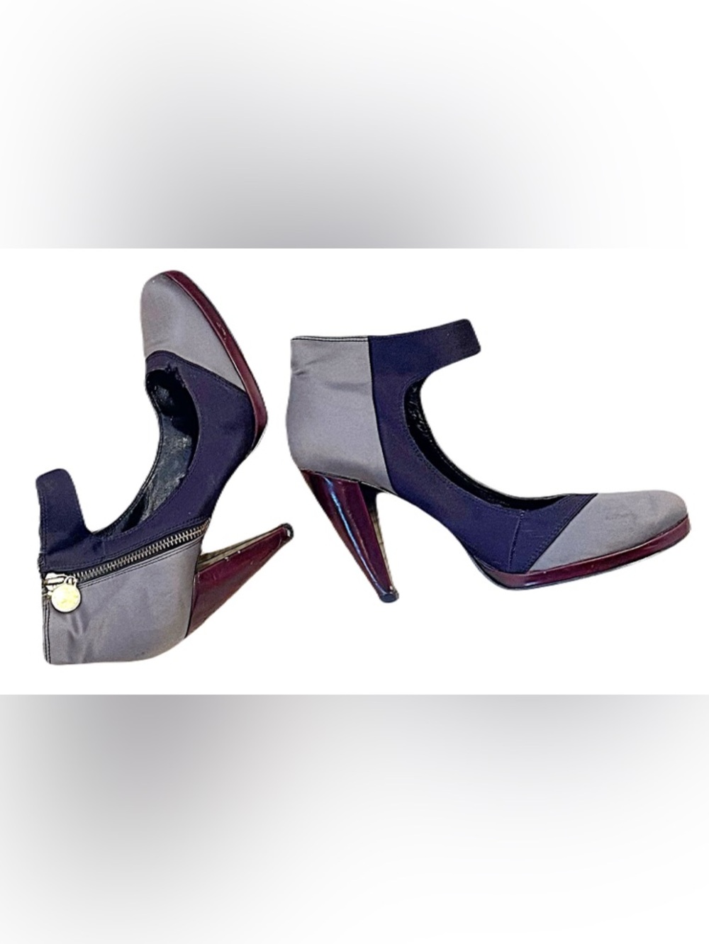 Miss Sixty Two-Tone Gray and Navy Mary Jane Heels with Burgundy Accents